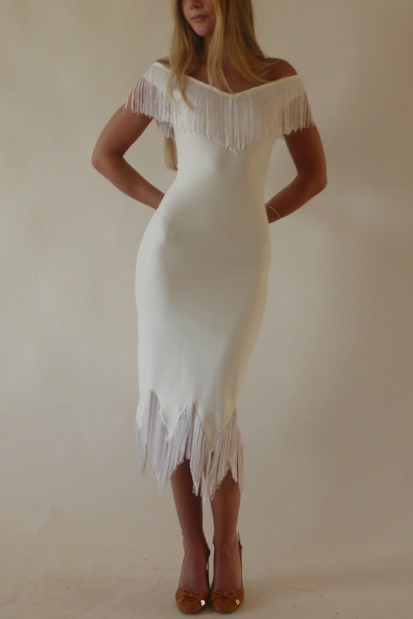 Solid Color V-neck Off-shoulder Slim-fit Tassel Midi Dress | Consonak