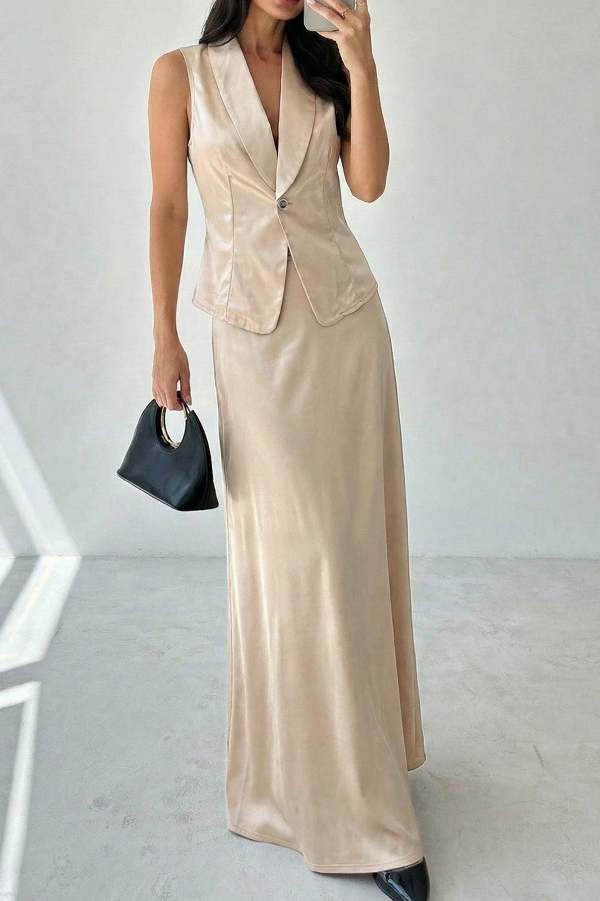 Satin Solid Color Sleeveless Button-down Vest and Elegant Draped Maxi Skirt Set-consonak