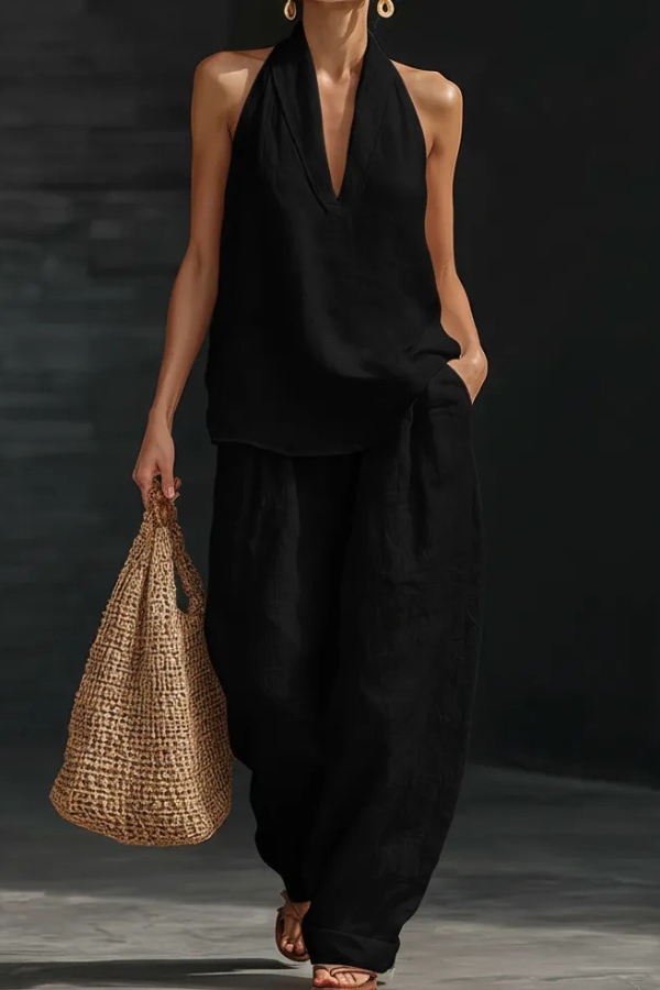 Linen Blend Solid Color V-neck Sleeveless Loose Top and Elastic Waist Casual Pocket Pants Set-Consonak