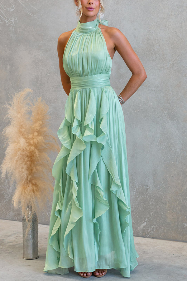 Coral Textured Metallic Chiffon Material High Tie Neck Ruffles Maxi Dress