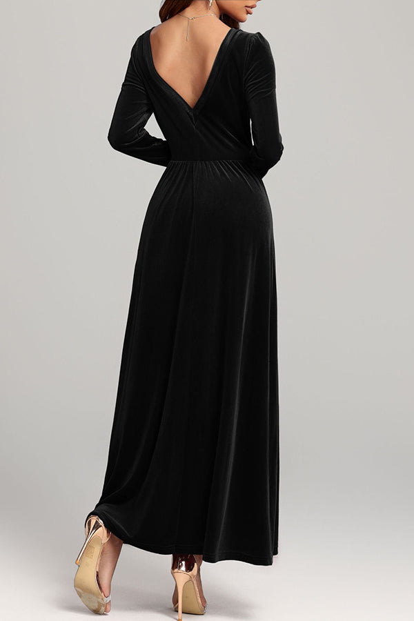 Solid Color Velvet Square Neck Long Sleeve Elegant Maxi Dress-consonak