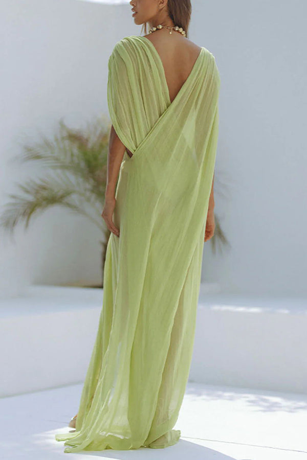 Enjoy Your Vacation Linen Blend Ruched Shoulder Drape Loose Cover Up Maxi Dress | Consonak