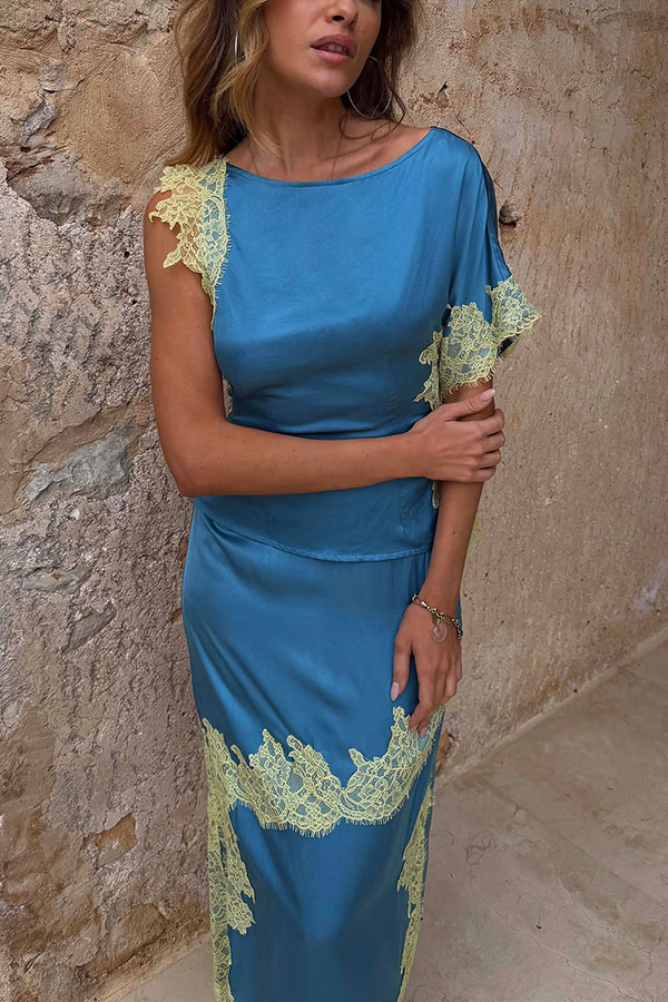 Kira Contrast Color Satin Lace Trim Asymmetrical Sleeves Top