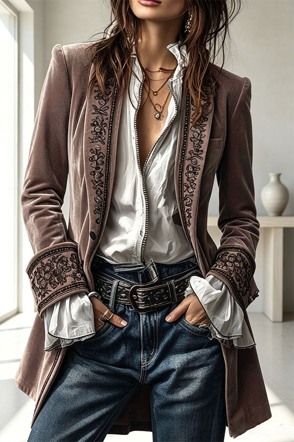 Aurelia Embroidered Velvet Tailored Blazer-Consonak