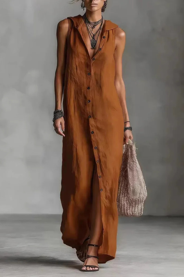 Linen Blend Solid Color Loose Single-breasted Sleeveless Casual Maxi Dress