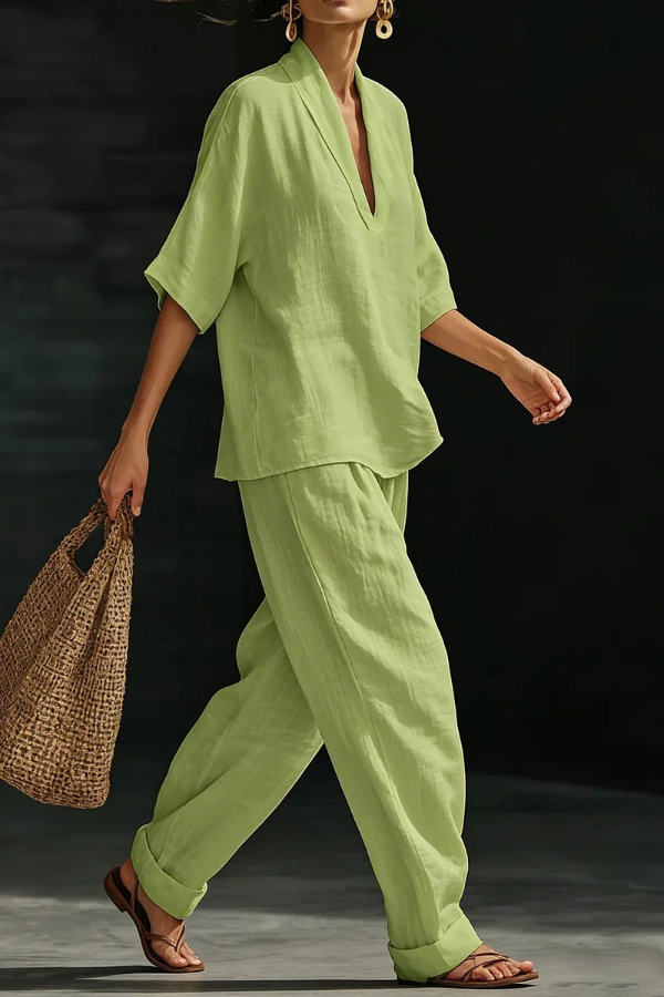 Solid Color V-neck Short-sleeved Loose Top and Casual Elastic Waist Pocket Pants Set