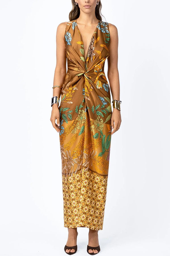 Naturally Inspired Satin Unique Floral Print Twist Waist Slit Drape Maxi Dress-consonak