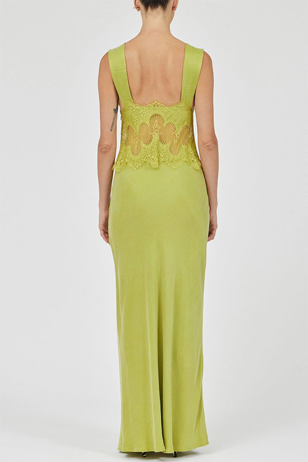 Effortless Elegance Satin Sheer Lace Patchwork V-neck Drape Maxi Dress-consonak