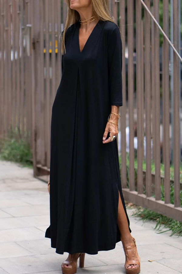 Solid Color V-neck Casual Slit Maxi Dress-consonak