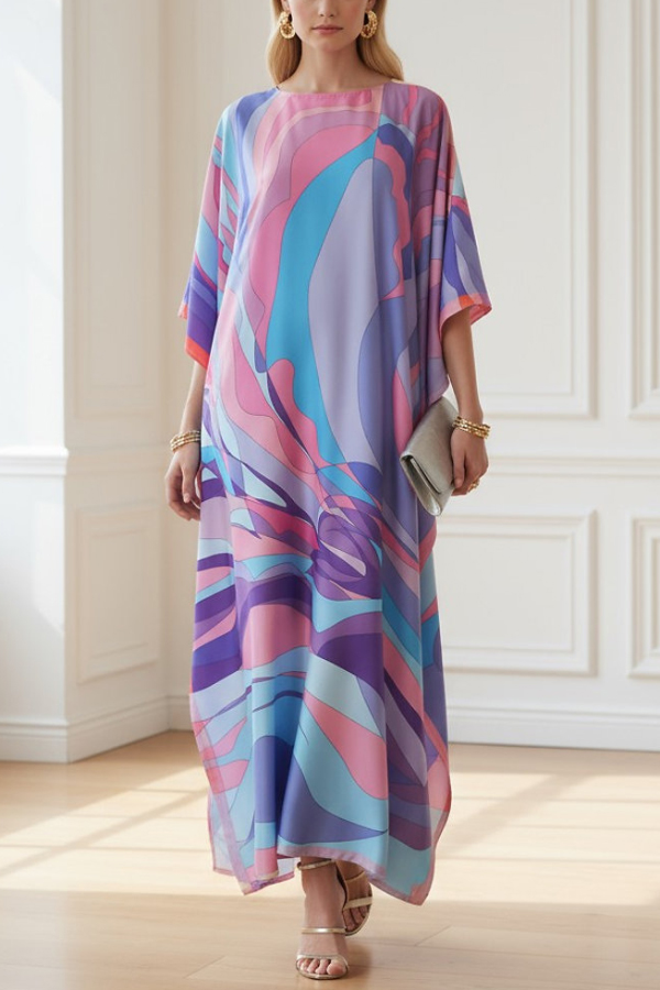 Unique Geometric Print Loose Round Neck Vacation Cover-up Maxi Dress