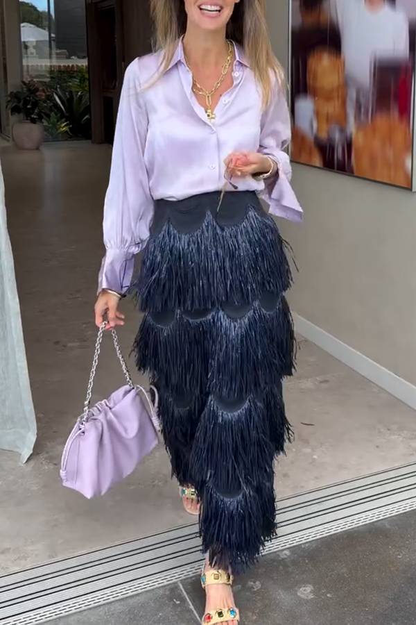 Freestyle Dance Steps Layered Tassels High Rise Back Zipper Slit Maxi Skirt-consonak