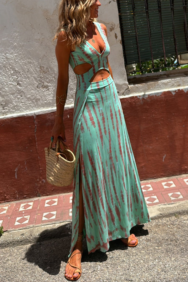 Eleanor Tie-dye Print Cutout Design Slit Stretch Dress | Consonak