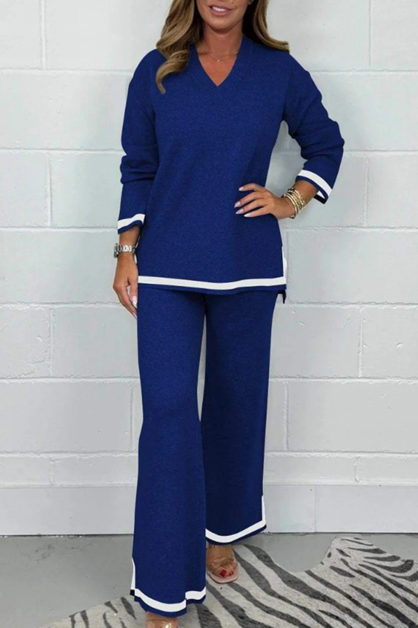 Solid Color V-neck Long-sleeved Loose Top and Elastic Waist Wide-leg Pants Set-consonak