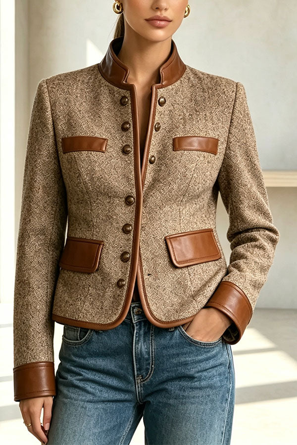 High-end French Retro Style Velvet Color-blocked Suit Collar Wool Coat-Consonak