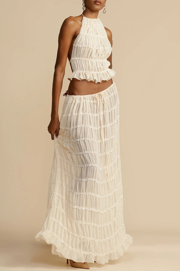 Versatile retro charm pleated drawstring waistline long skirt set | Consonak
