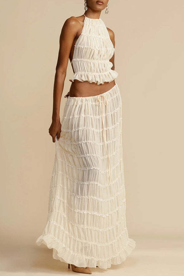 Versatility and Vintage Charm Pleated Drawstring Waist Tiered Maxi Skirt-consonak
