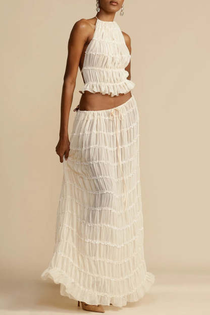 Versatility and Vintage Charm Pleated Drawstring Waist Tiered Maxi Skirt-consonak