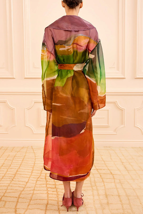 Vibrantly Color Organza Printed Tie-Waist Pocket Lapel Mid-Length Trench Coat