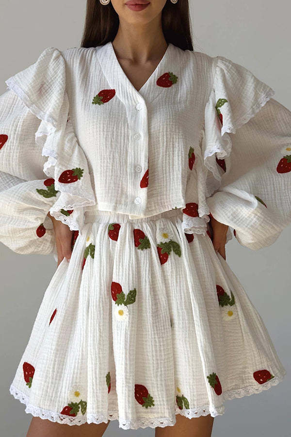 Ranier Cotton Linen Blend Strawberry Print Ruffle Blouse and Elastic Waist Mini Skirt Set-consonak