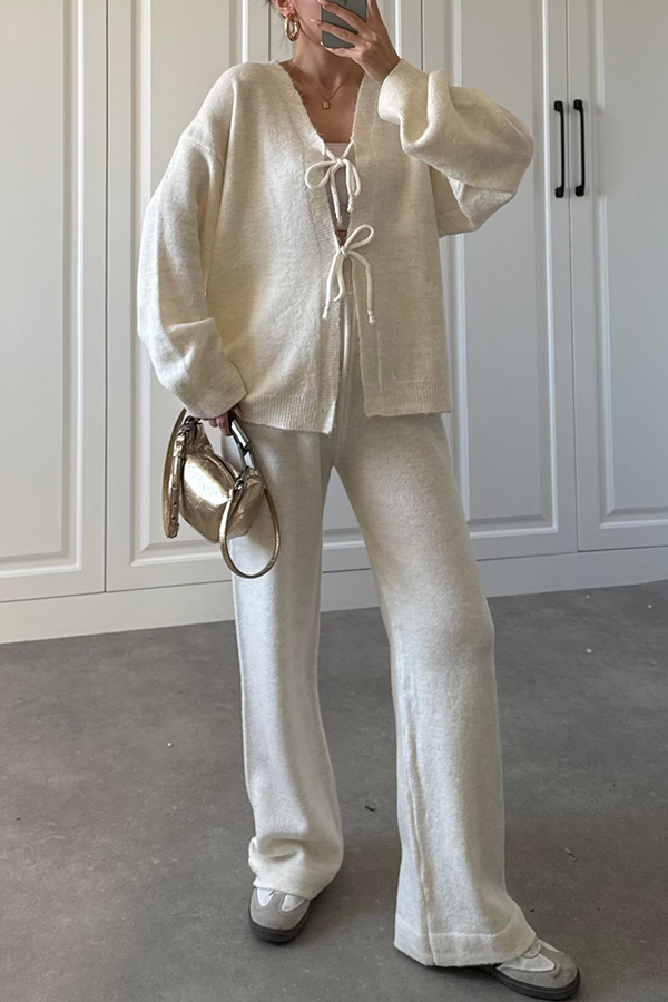 Solid Color V-neck Tie Long-sleeved Loose Knit Cardigan and Elastic Waist Casual Straight Leg Pants Set-consonak