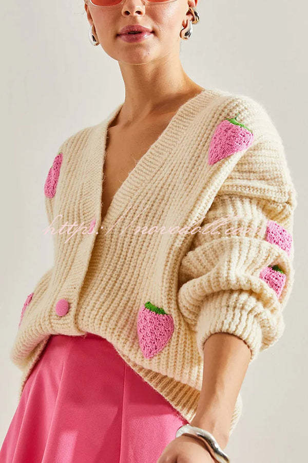 Stylish and Sweet V-neck Strawberry Embellished Knitted Cardigan-consonak