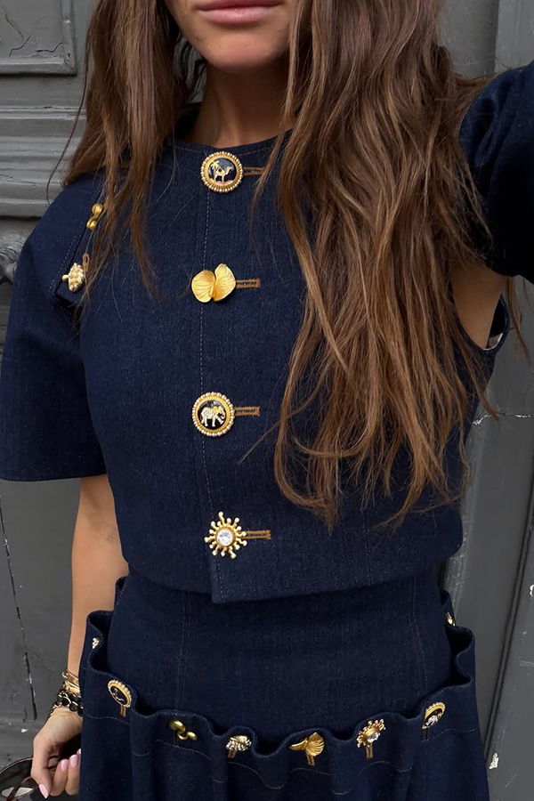 Custom Look Denim Unique Metal Pattern Buttons Slit Half Sleeve Crop Jacket | Consonak