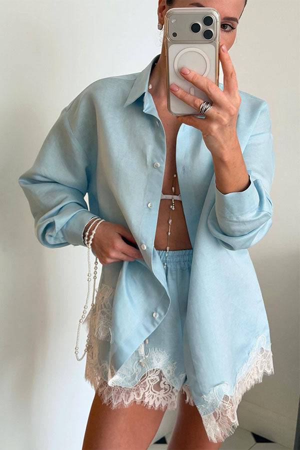 Linen Blend Shirt and Lace-trimmed Shorts Set-Consonak