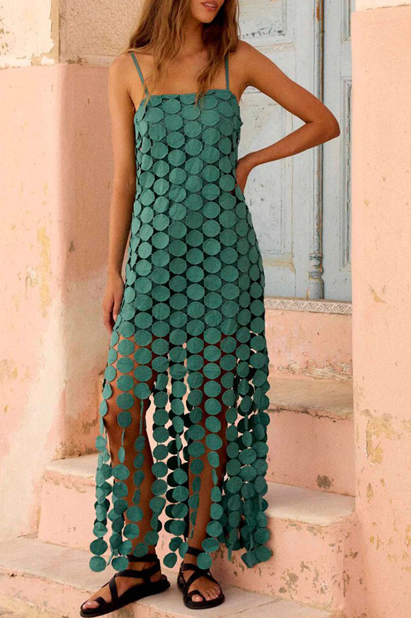 Juju Embroidered Cutout Polka Dots Square Neck Tassel Hem Slip Maxi Dress-consonak