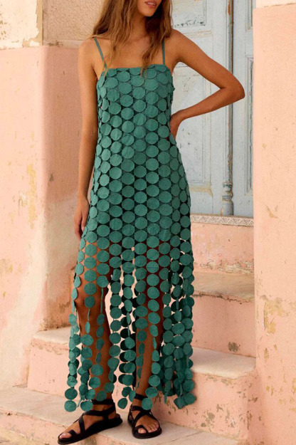 Juju Embroidered Cutout Polka Dots Square Neck Tassel Hem Slip Maxi Dress-consonak