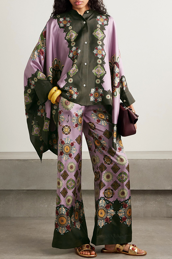 Satin Unique Print Loose Batwing Sleeve Top and Elastic Waist Pocket Casual Wide-leg Pants Set-consonak