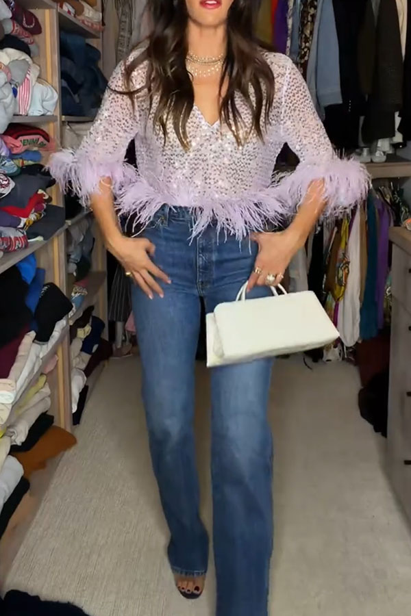 Dream Girl Sequin Feather Trim V-neck Half Sleeve Loose Crop Top-consonak