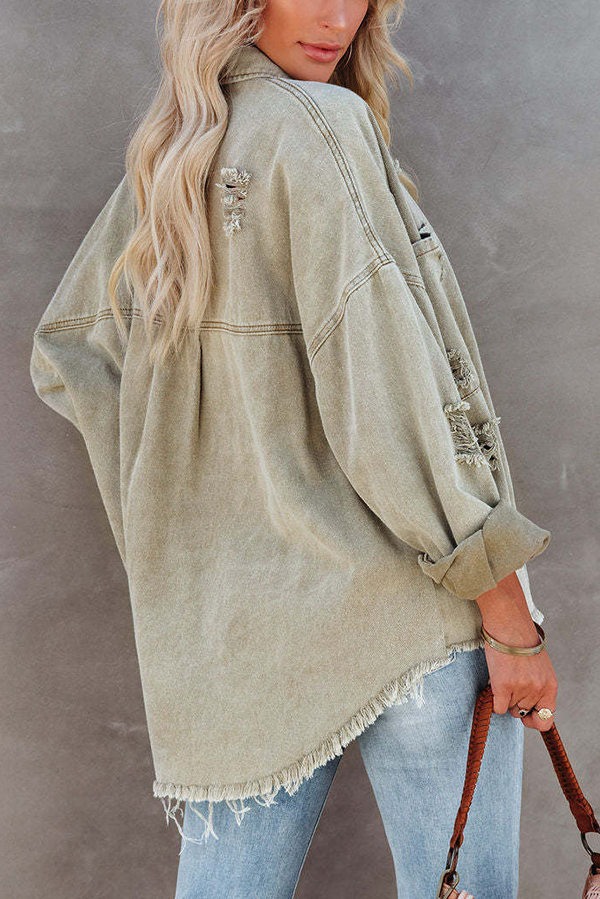 Stylish Lapel Long Sleeve Ripped Denim Jacket-consonak