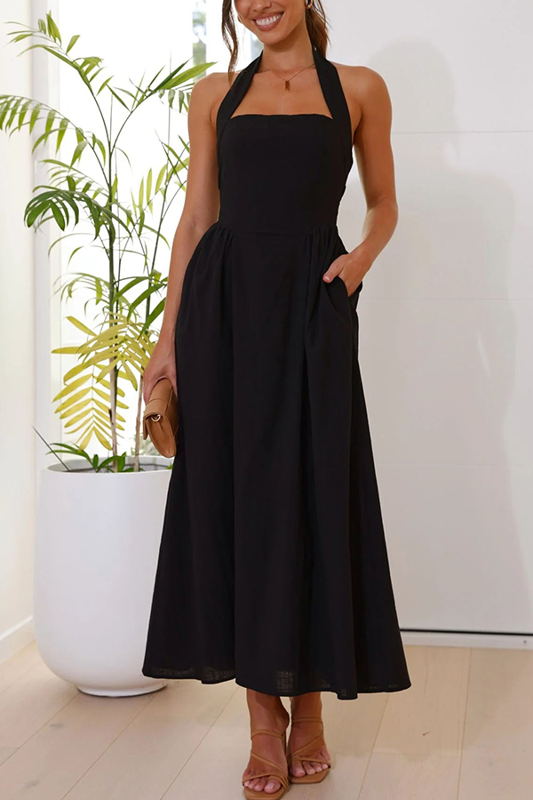 Brunch in Bali Linen Blend Halter Neck Pocketed Maxi Dress-consonak