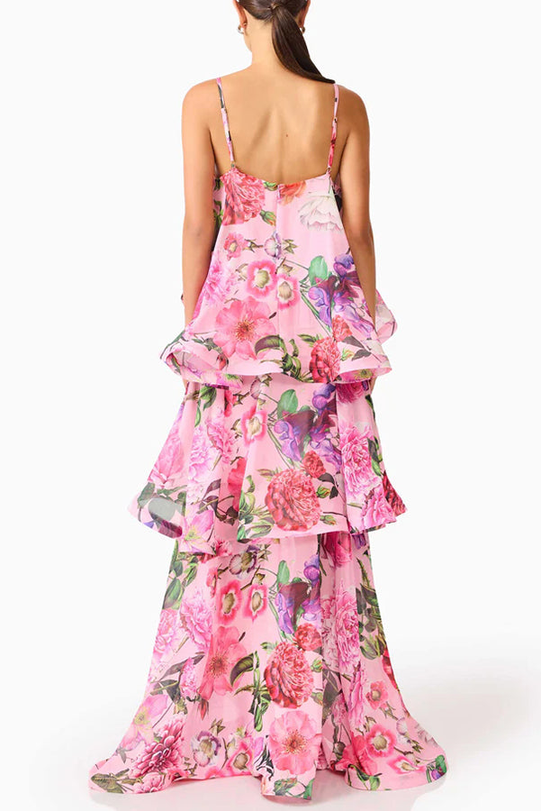 Armani Georgette Fabric Floral Print Tiered Slip Square Neck A-line Maxi Dress | Consonak