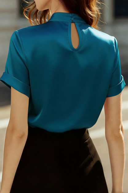 Solid Color Satin Openwork Casual Short-sleeved Shirt-consonak