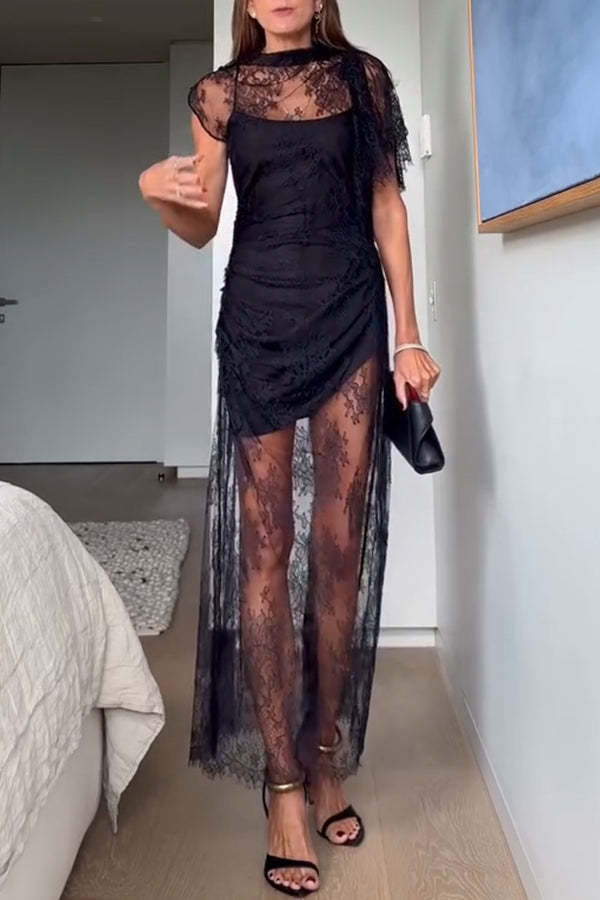 Romantic Statement Lace One Shoulder Bell Sleeve Asymmetrical Maxi Dress-consonak