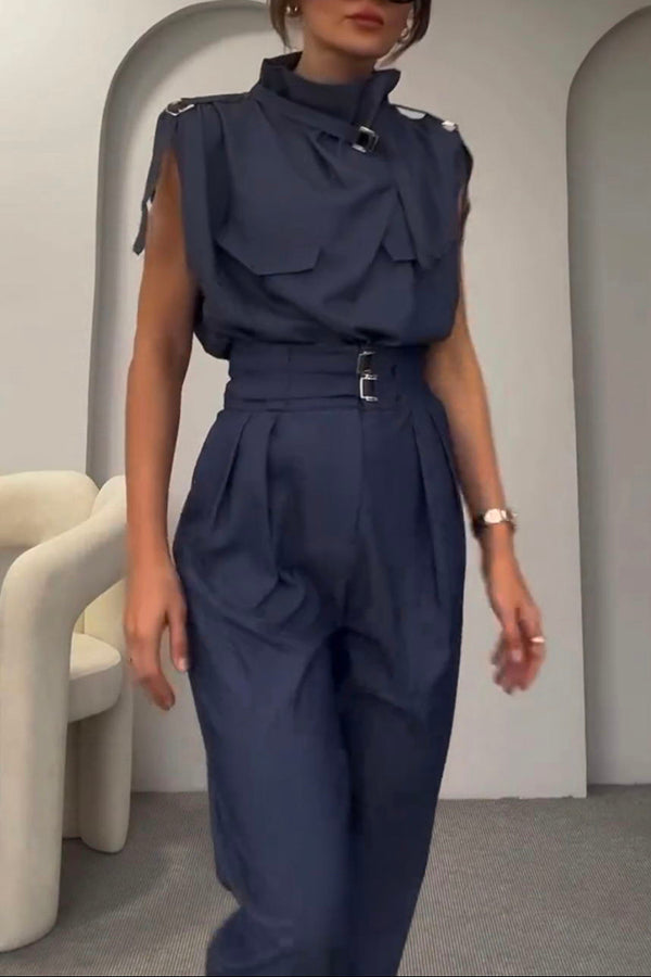 Statement Breast Pocket High Neck Top and Side Pocket Belt Long Pant Set-consonak