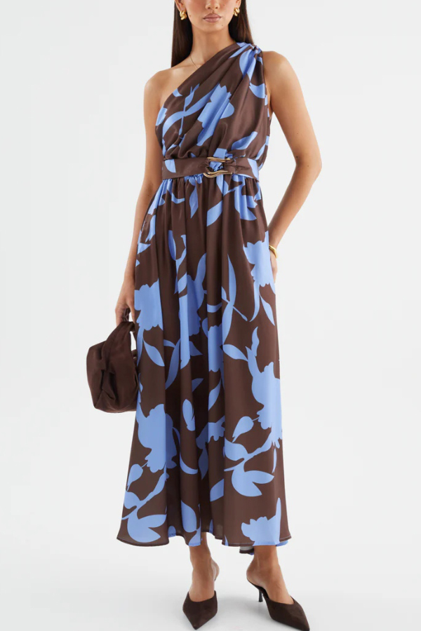 Unique Printed One-Shoulder Belt Casual Holiday Maxi Dress