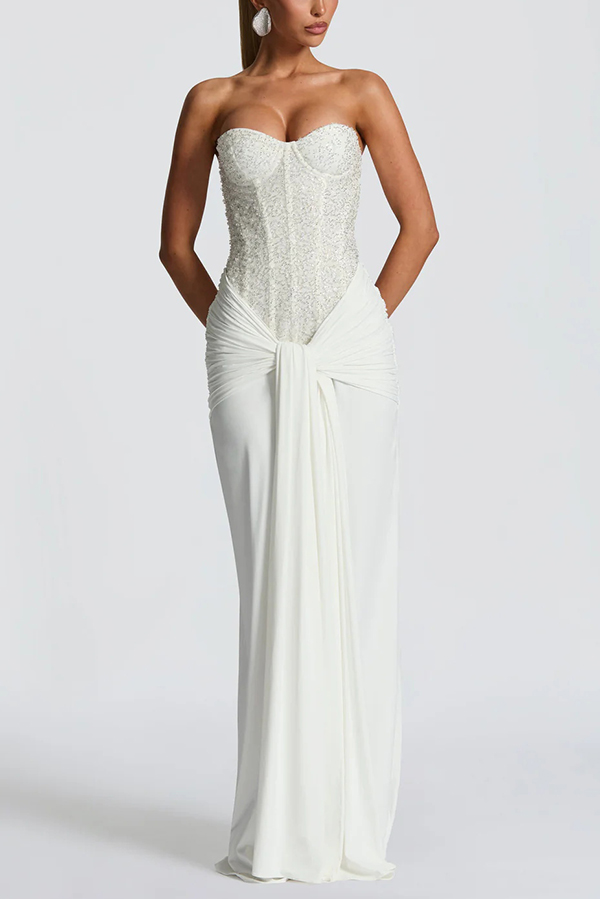 Carina Sequined and Satin Jersey Off Shoulder Ruched Knot Drape Maxi Dress | Consonak