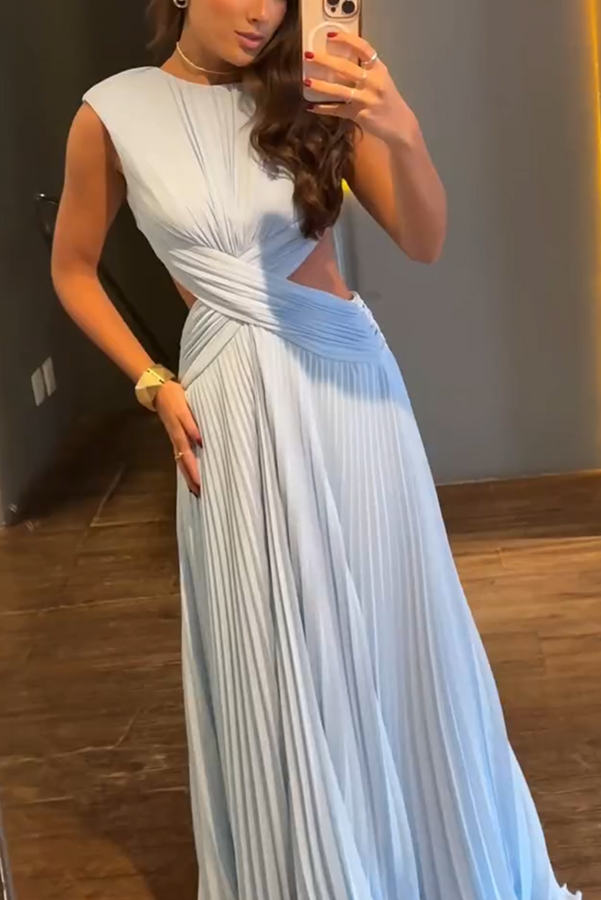 Tamia Pleated Chiffon Fabric Crossover Cutout Waist Open Back Maxi Dress-consonak