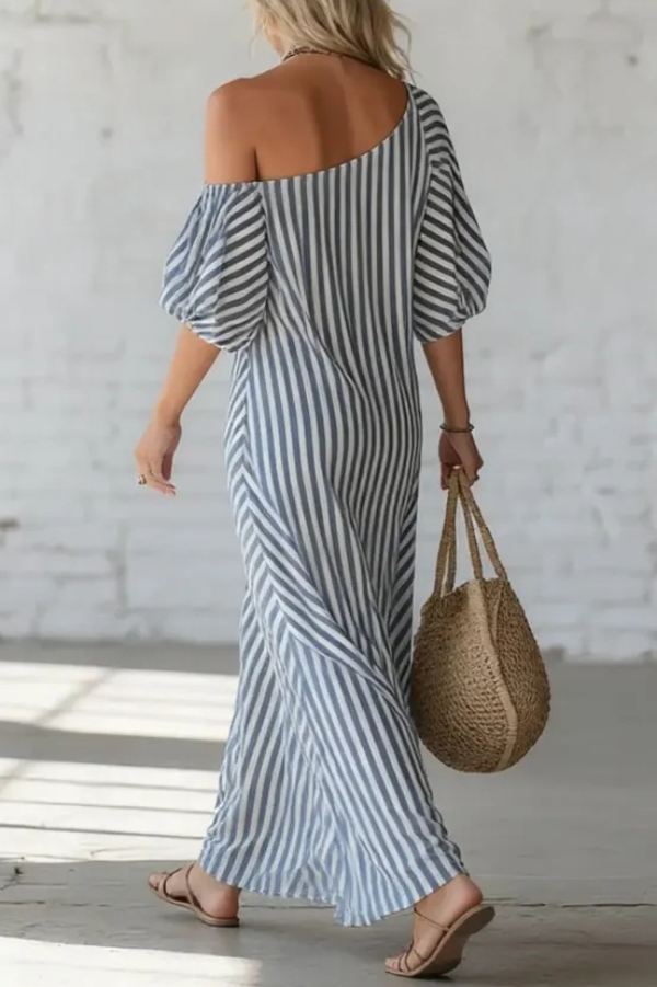 Fashionable Striped Print Slash Neck Puff Sleeve Casual Maxi Dress | Consonak