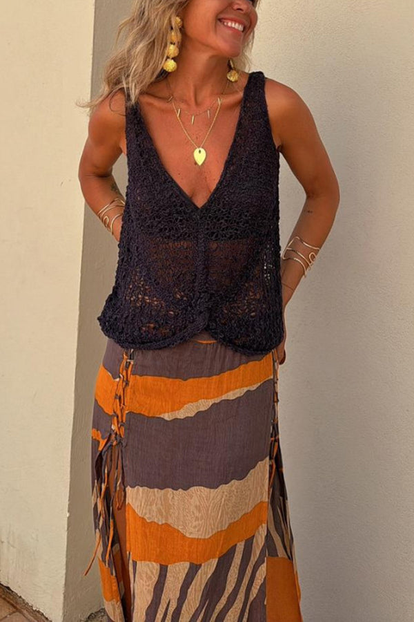 Malibu Knit V-neck Hollow Out Twist Loose Tank-consonak