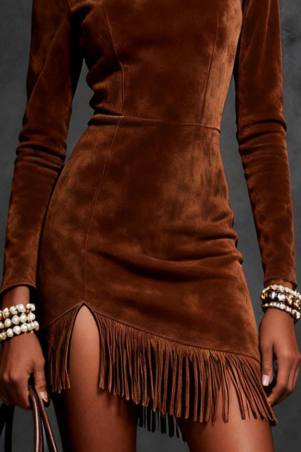 Stylish Suede Turtleneck Long-sleeved Slim-fit Tassel Mini Dress | Consonak