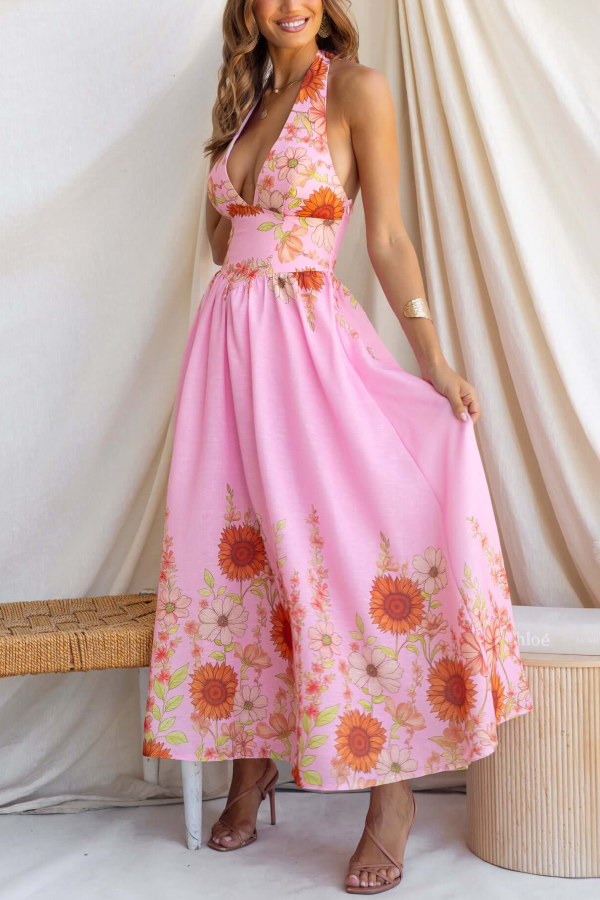 Sunflower Print V-neck Fitted Waist Elegant Maxi Dress