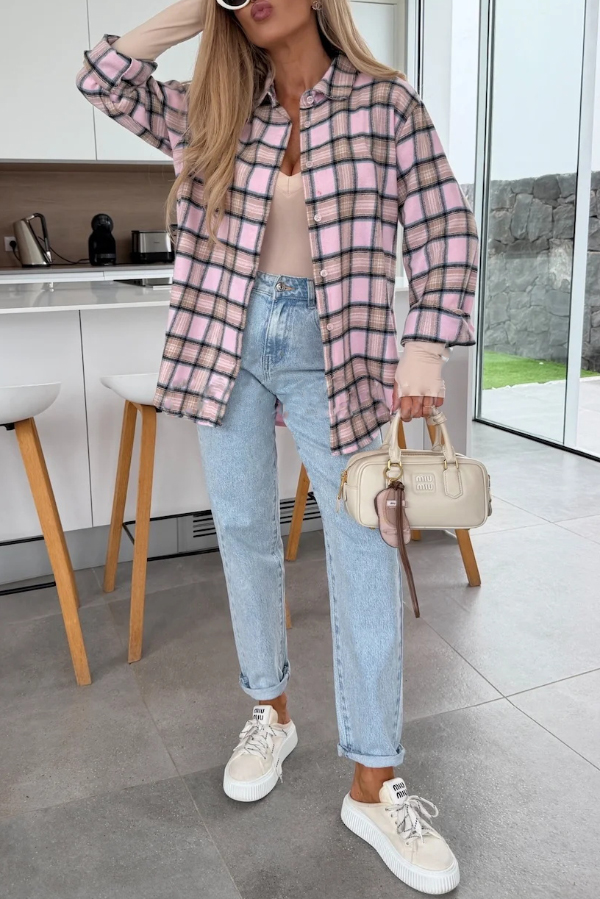 Love of Mine Plaid Print Long Sleeve Oversized Blouse-consonak