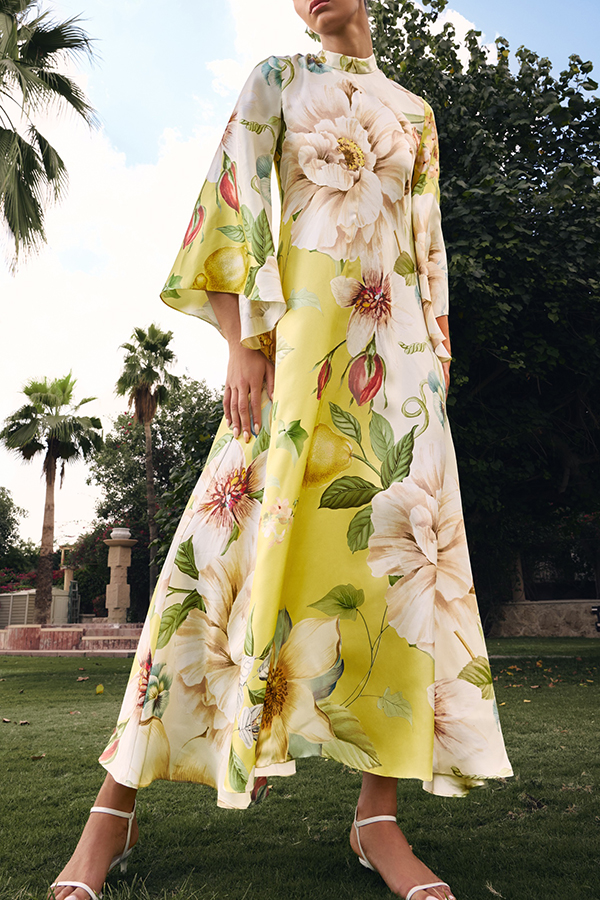 Serene Refinement Color-block Floral High Neck Long Sleeve Fluid Kaftan Maxi Dress