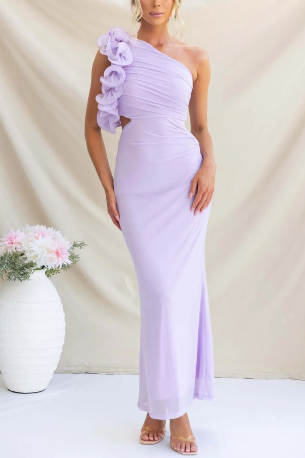 Fashionable Mesh Sleeveless One-shoulder Waist-revealing Maxi Dress | Consonak