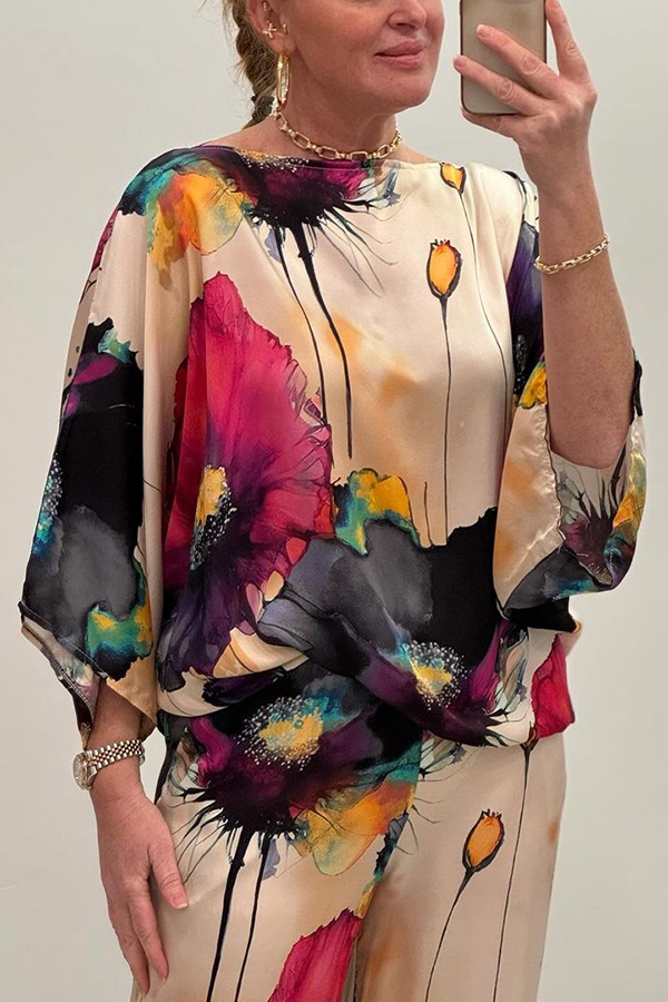 Satin Botanical Print Crew Neck Casual Top and Elastic Waist Loose Pocket Pants Set-consonak