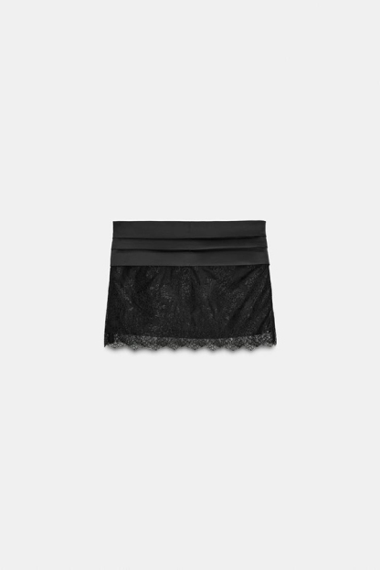 Anna Satin Bow Appliqué Mid Rise Lace Hem Mini Skirt-consonak