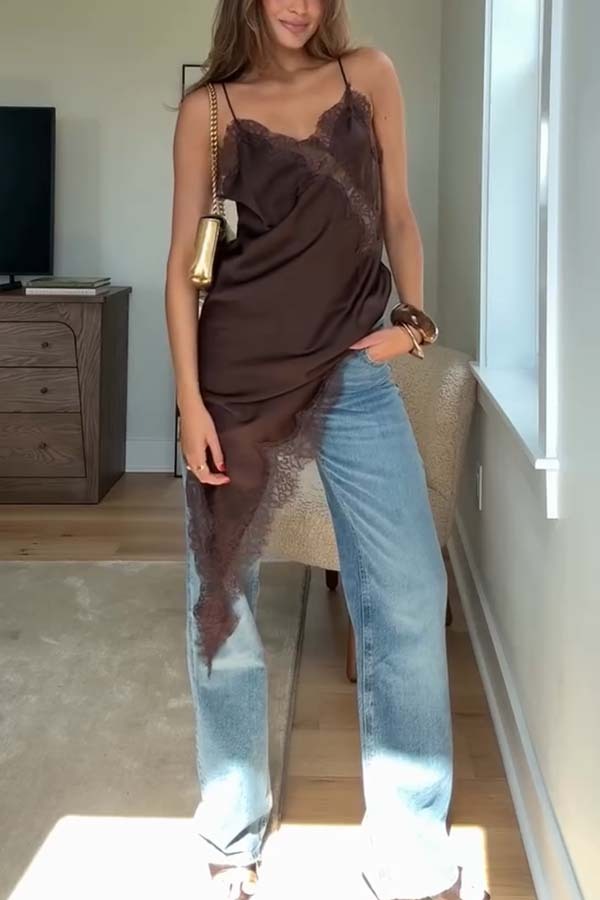 Elouise Satin Lace Trim V-neck Asymmetrical Hem Slip Mini Dress-consonak